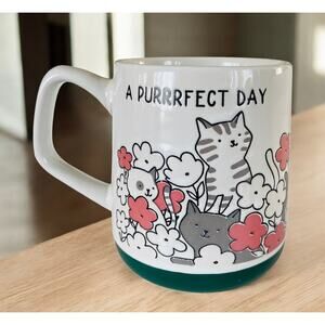 NEW Floral Purrfect Day Grey Tabby Cat Cats Pink Flowers 18oz Coffee Tea Mug